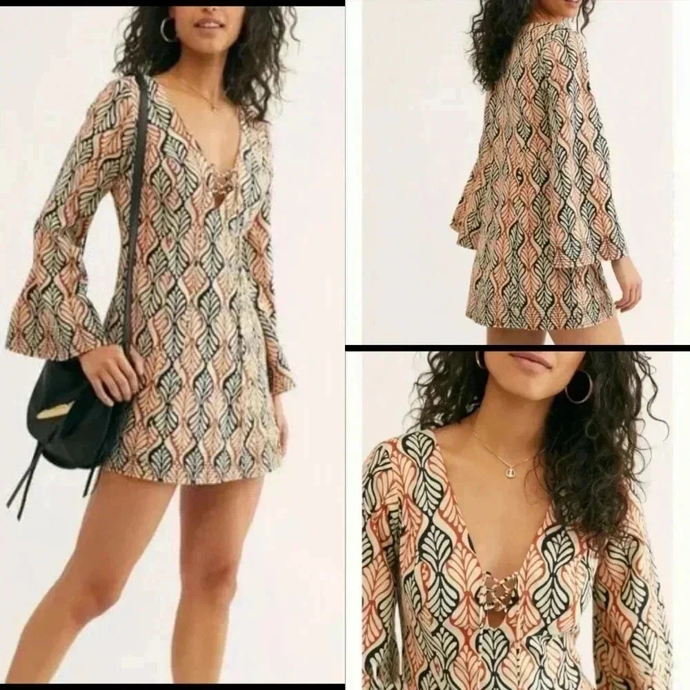 Free People Gia Shift Mini Dress Cotton Bell Sleeve Retro Inspired Size XS